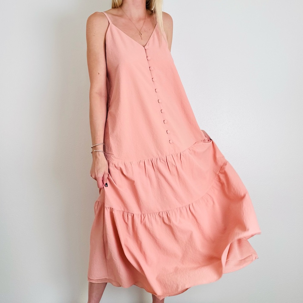 New Ted Baker textured thin straps pink button v-neck sleeveless midi dress